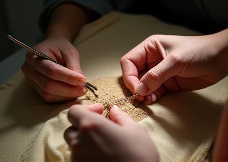 専門家が古い布を丁寧に修復している